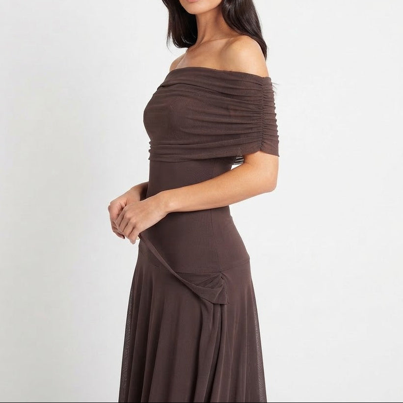 Women's Formal Maxi Dress – Off Shoulder Draped Fold Chiffon Full