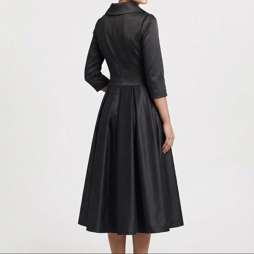 Women's Satin A-Line Midi Dress 3/4 Sleeve Wrap V-Neck Formal Swing