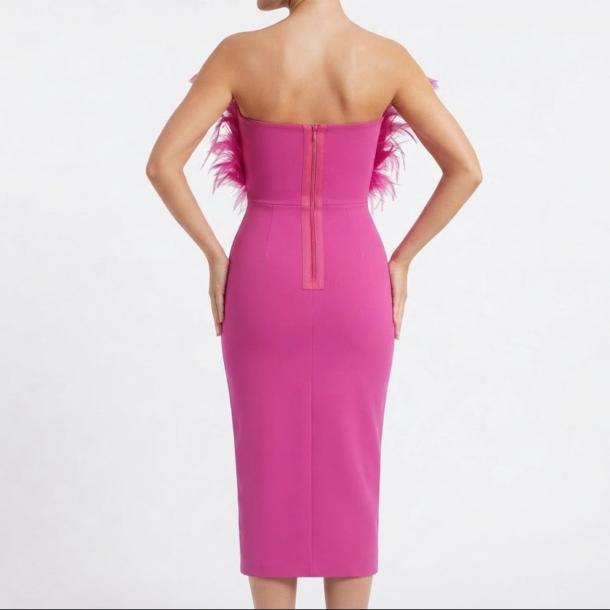 Women's Feather Trim Midi Dress Strapless Bandeau Bodycon Party