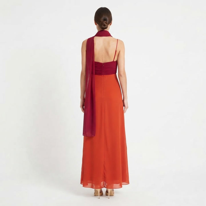 Women's Colour Block Chiffon Maxi Dress Scarf Tie Neck Twist Bodice
