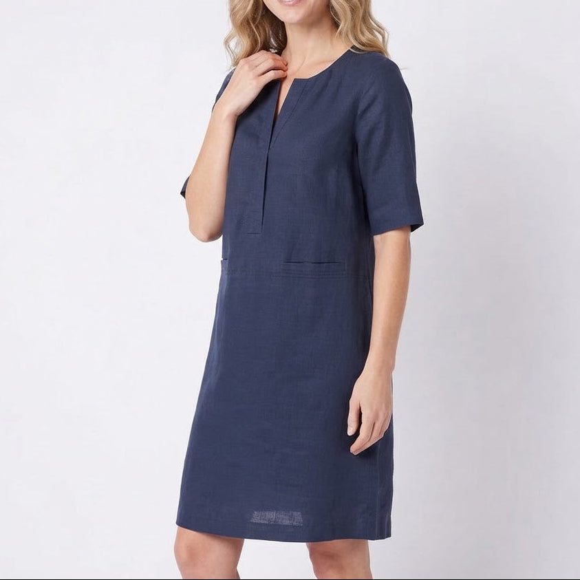 Women's Linen Shift Summer Dress Half Sleeve Notch Neck Pockets Midi
