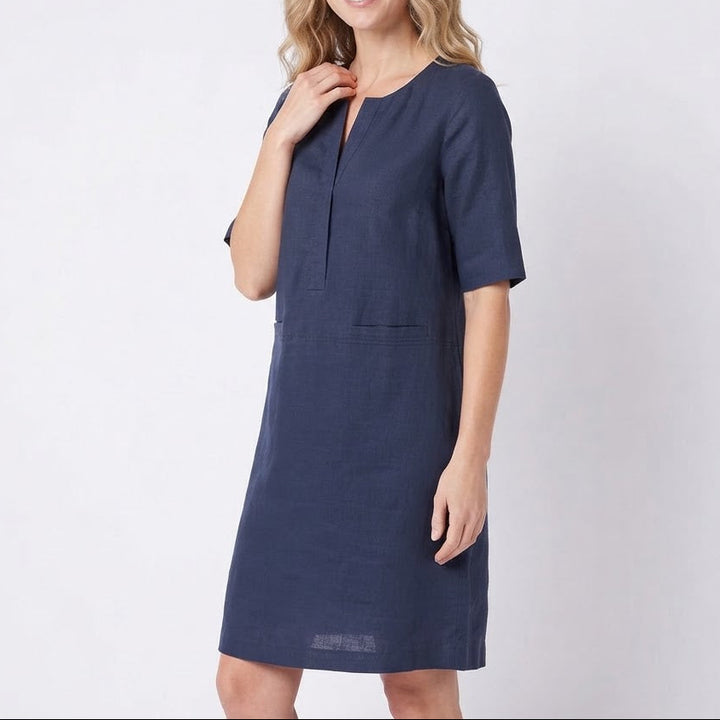 Women's Linen Shift Summer Dress Half Sleeve Notch Neck Pockets Midi