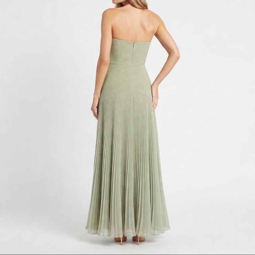 Women's Strapless Pleated Maxi Dress Accordion Pleat A-Line Formal