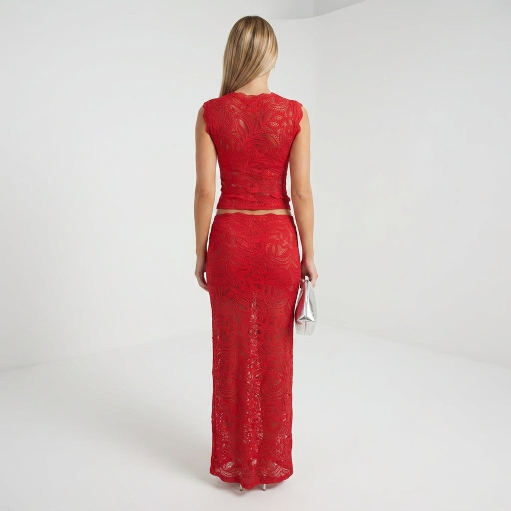 Women's Two Piece Lace Set Sleeveless Crop Top Maxi Skirt Formal
