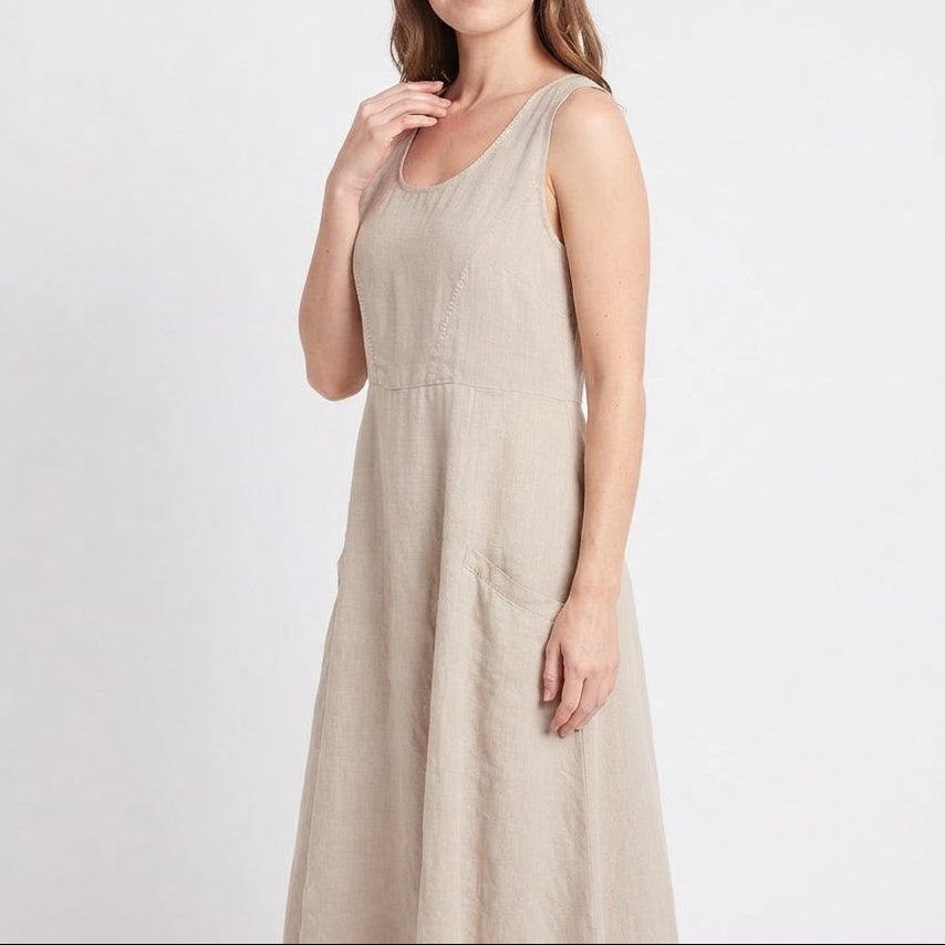 Women's Linen Maxi Dress Sleeveless Loose Fit Scoop Neck Pockets