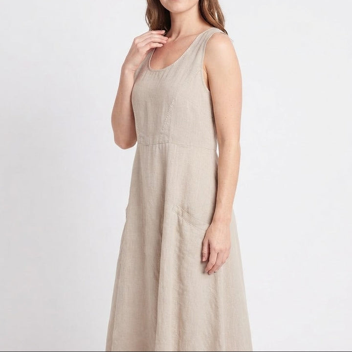 Women's Linen Maxi Dress Sleeveless Loose Fit Scoop Neck Pockets