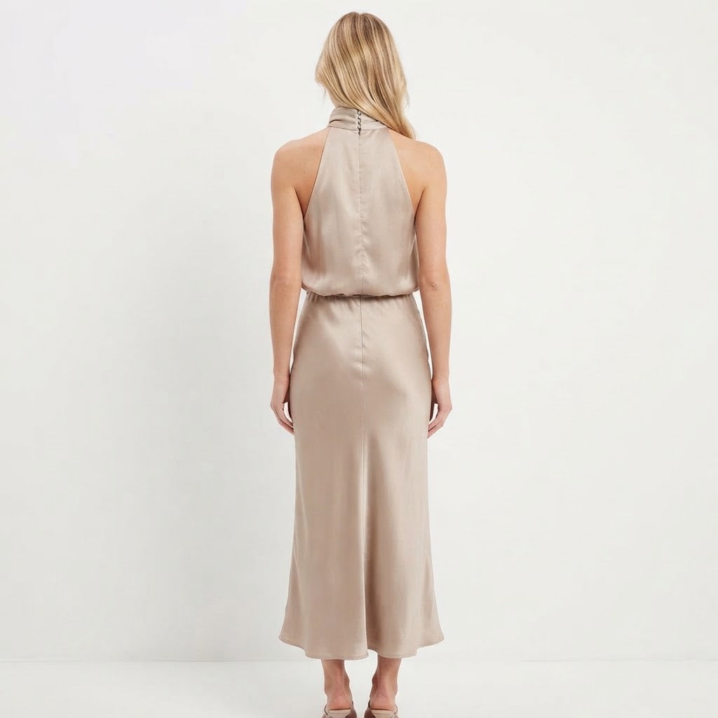Women's Satin Slip Dress Halter Neck Draped Bodice Bias Cut Midi