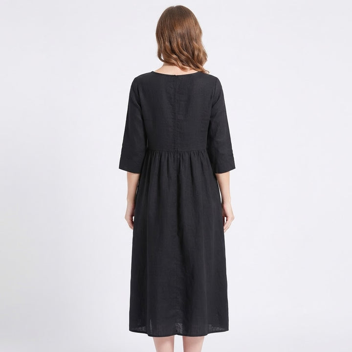 Women's Linen Maxi Dress Short Sleeve Empire Waist Relaxed Pockets