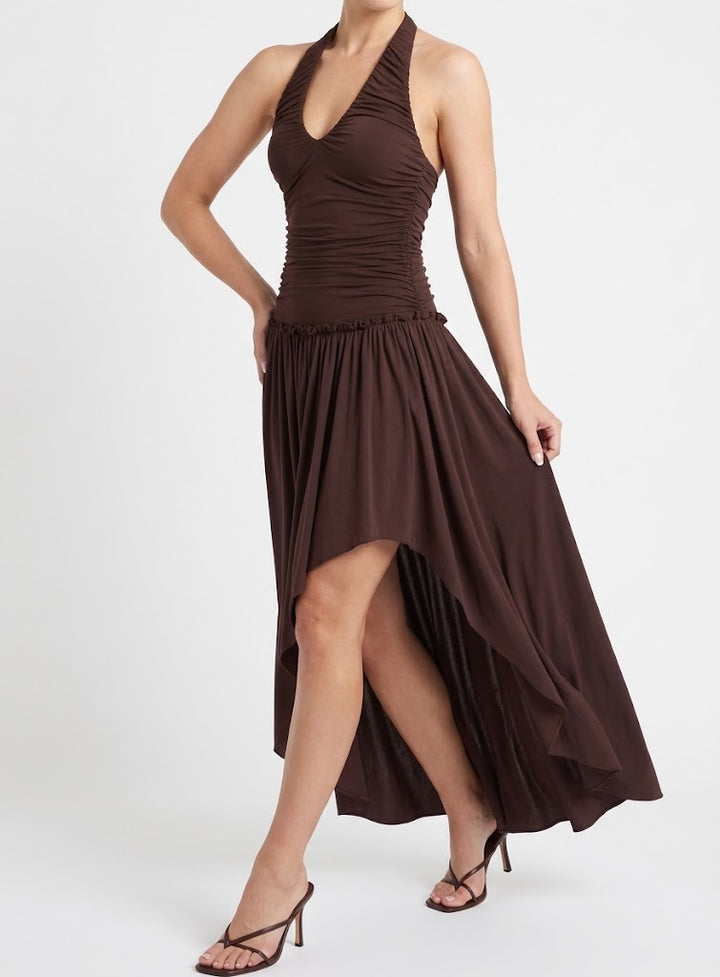 Women's Halter Neck Ruched Asymmetric Hem Midi Dress