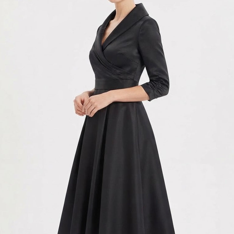 Women's Satin A-Line Midi Dress 3/4 Sleeve Wrap V-Neck Formal Swing