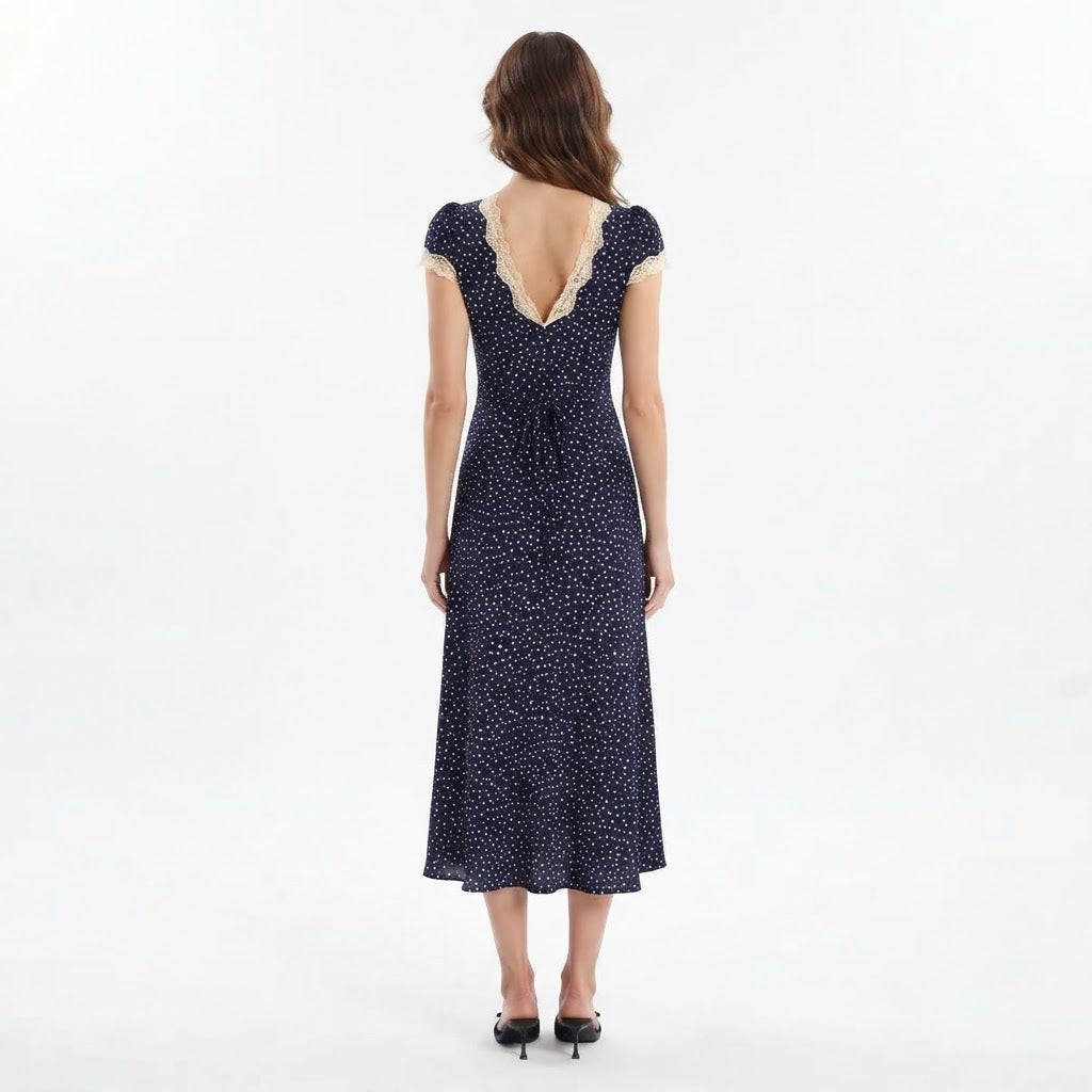 Women's Midi Dress – Polka Dot Lace Trim V-Neck Cap Sleeve Column