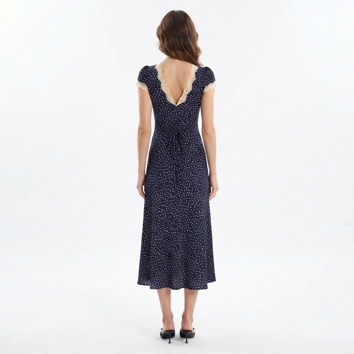 Women's Midi Dress – Polka Dot Lace Trim V-Neck Cap Sleeve Column