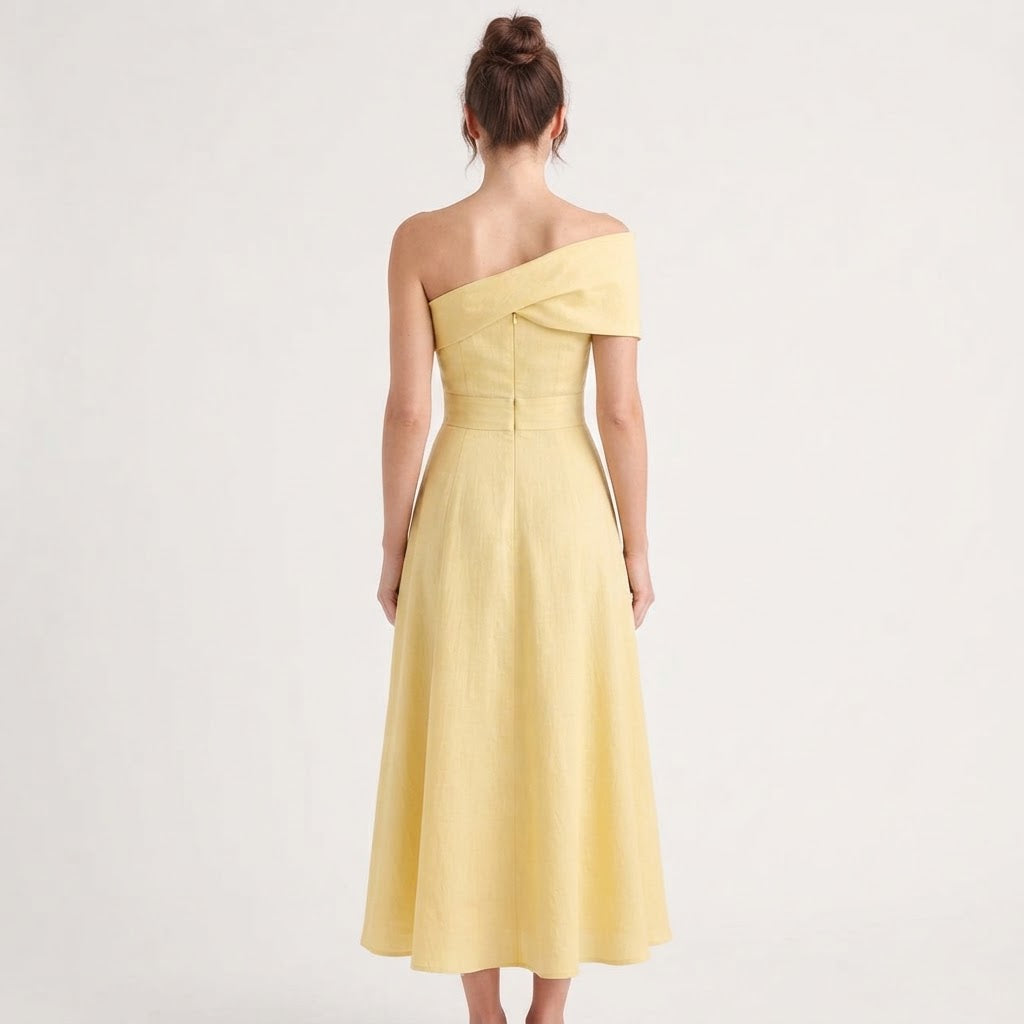 Women's Off Shoulder Midi Dress Fit and Flare Pleated Skirt Elegant