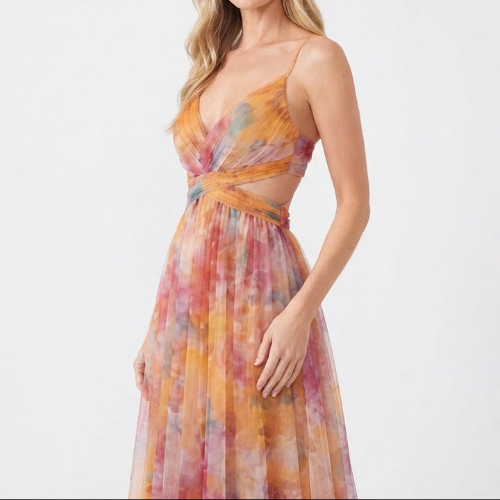 Women's Floral Tulle Maxi Dress V Neck Spaghetti Strap Formal Gown