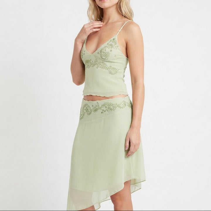 Women's Two Piece Set Beaded Cami Top Asymmetric Midi Skirt Chiffon