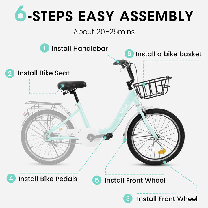 A20182 20 Inch Kids Bike For Boys & Girls, Children's Bicycle With Coaster Brake & V-Brake, 1-Speed, Chain Guard & Rear Rack, Lightweight Steel Frame Pink, Green, Purple, White