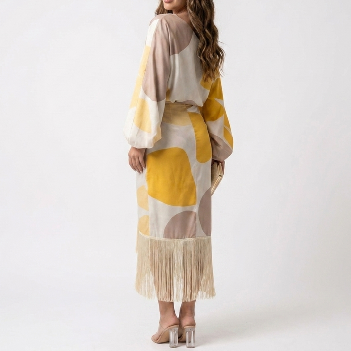 Women's Two Piece Set One Shoulder Top Fringe Midi Skirt Printed