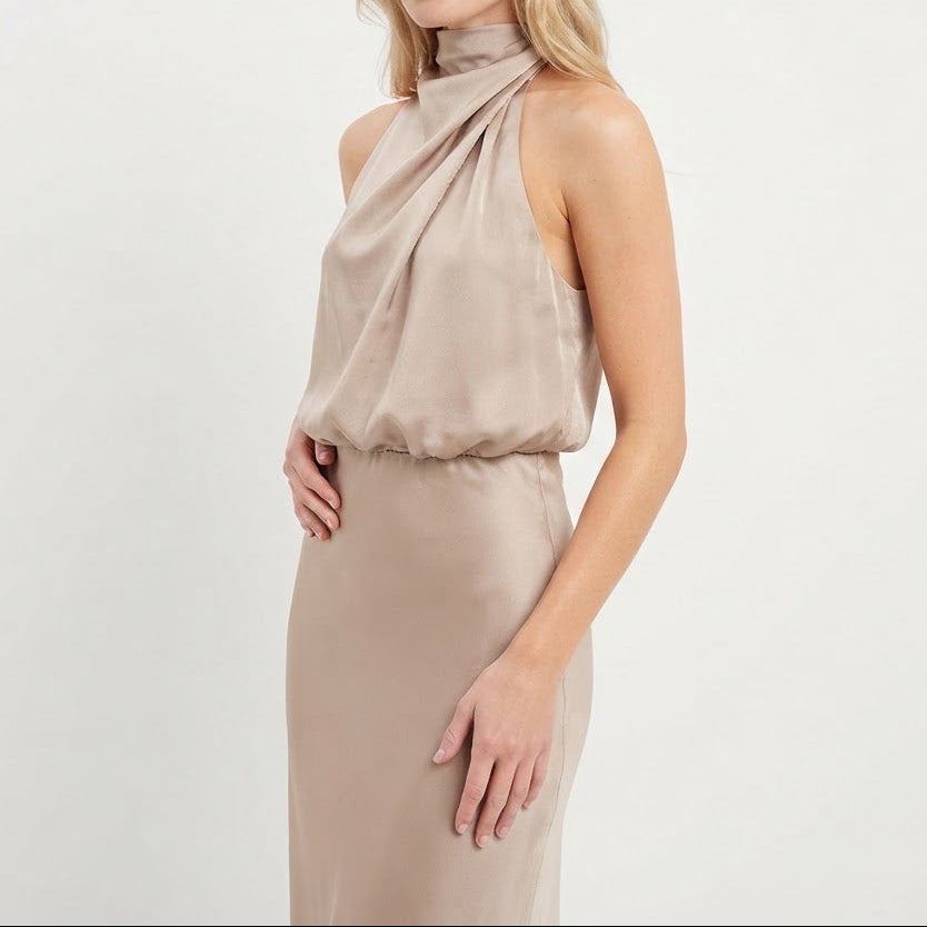 Women's Satin Slip Dress Halter Neck Draped Bodice Bias Cut Midi