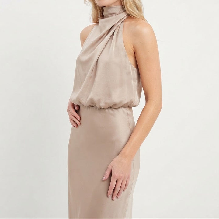 Women's Satin Slip Dress Halter Neck Draped Bodice Bias Cut Midi