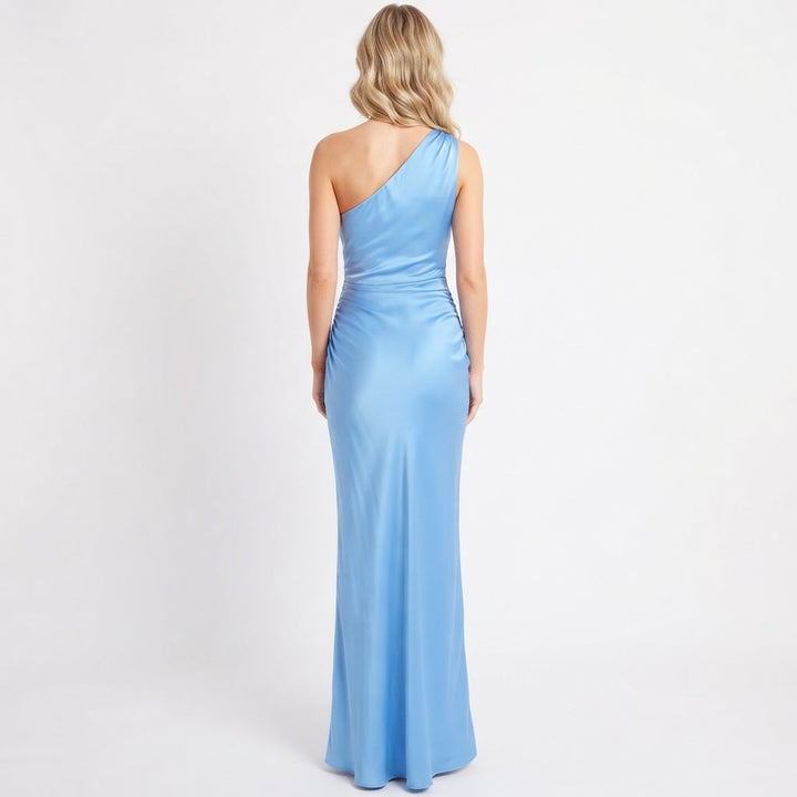 Women's One Shoulder Satin Maxi Dress Ruched Bodycon Formal Gown