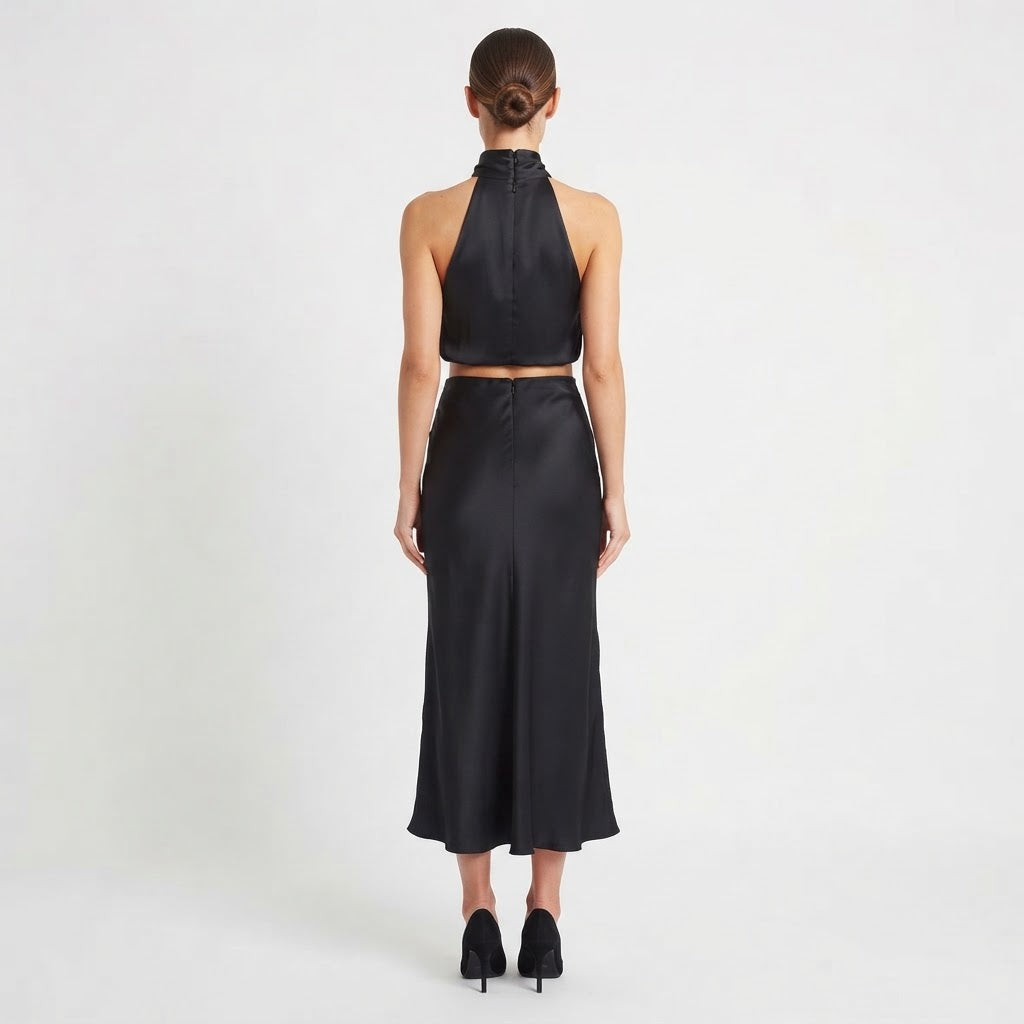 Women's Satin Two Piece Set Halter Neck Crop Top Bias Cut Maxi Skirt