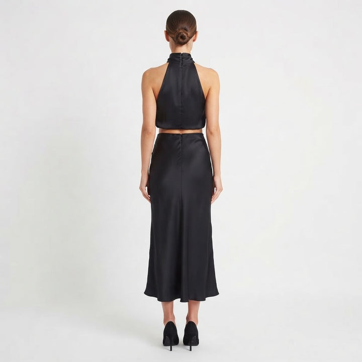 Women's Satin Two Piece Set Halter Neck Crop Top Bias Cut Maxi Skirt