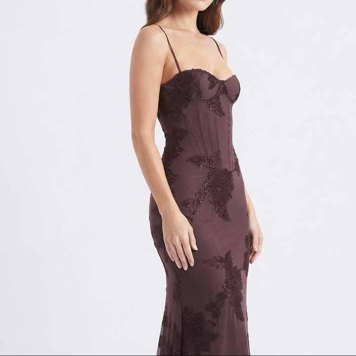 Women's Sequin Floral Maxi Dress Corset Bodice Mermaid Formal Gown