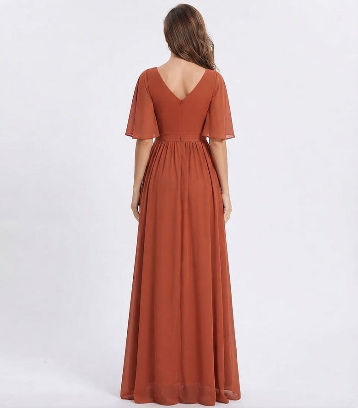 Women's Chiffon Maxi Dress V Neck Flutter Sleeve Ruched Waist Formal