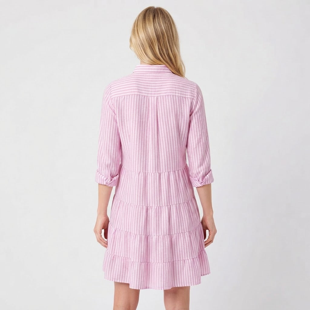 Women's Striped Shirt Dress Tiered Button Down Collared Linen Mini