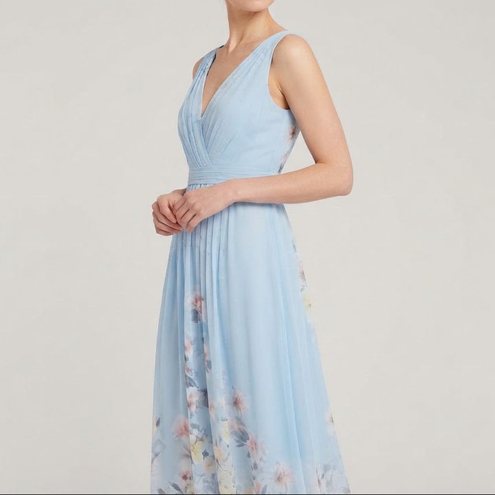 Women's Floral Maxi Dress Deep V Neck Sleeveless Chiffon Formal