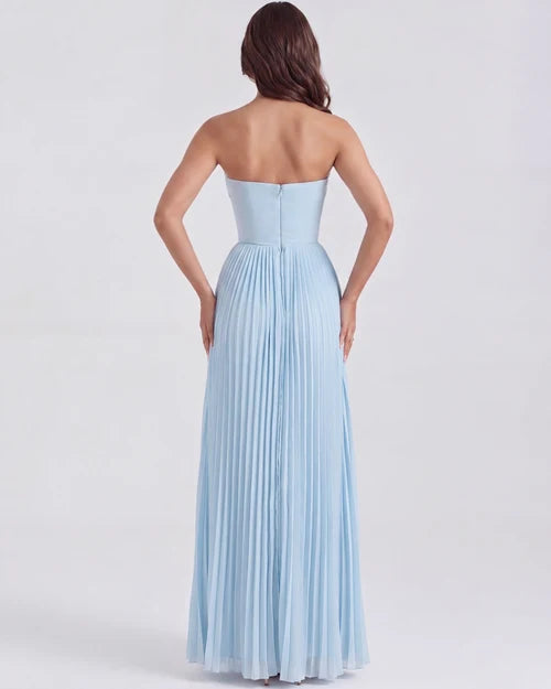 Women's Strapless Maxi Dress Bustier Bodice Pleated Skirt Formal