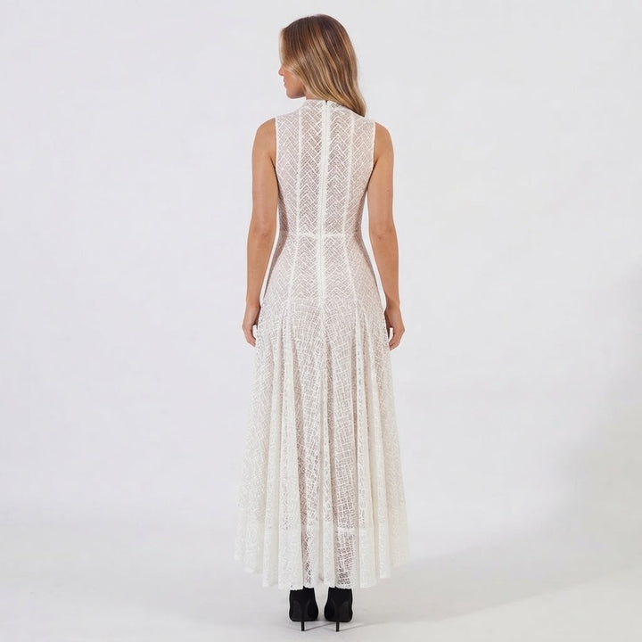 Women's Lace Dress – Geometric Chevron Maxi A-Line Mock Neck
