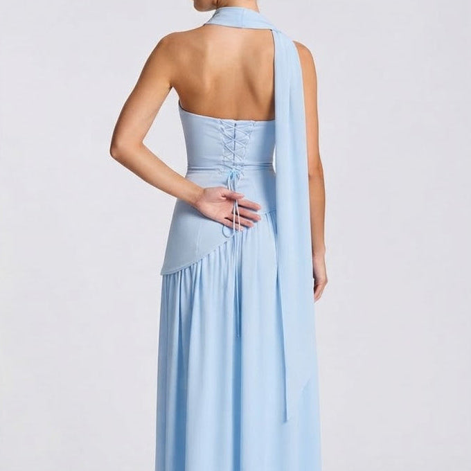 Women's Strapless Maxi Dress Corset Bodice Contrast Pleated Skirt