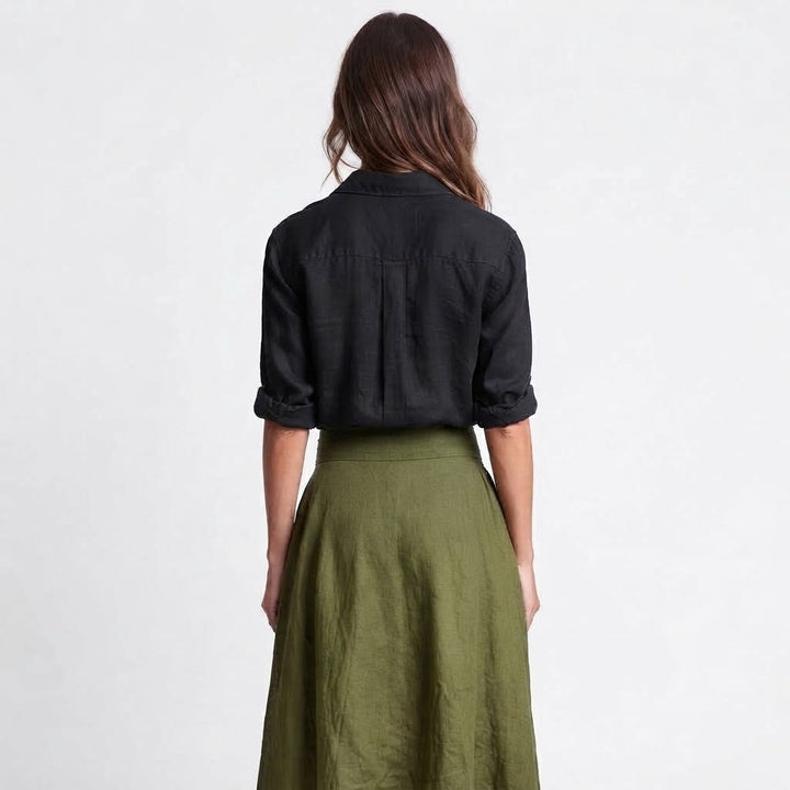 Women's Two Piece Linen Set Button Shirt Tie Waist Maxi Skirt Boho