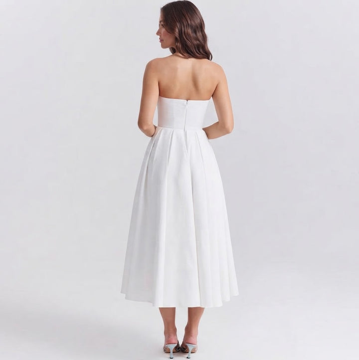 Women's Formal Midi Dress – Strapless Pleated A-Line Full Skirt