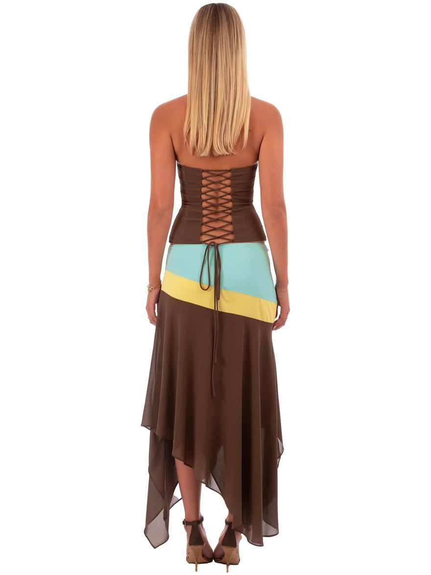 Women's Colour Block Maxi Dress Spaghetti Strap Ruched Bodice Summer