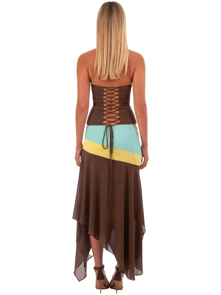 Women's Colour Block Maxi Dress Spaghetti Strap Ruched Bodice Summer