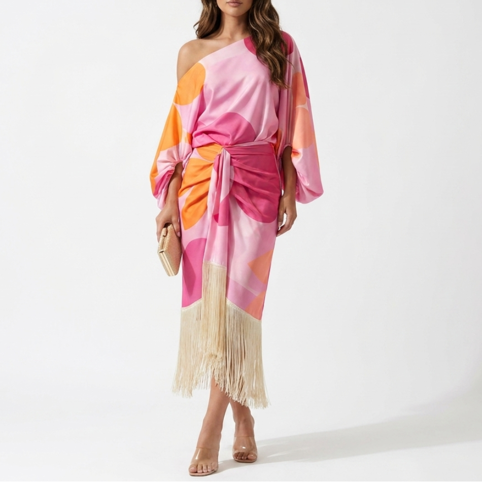 Women's Two Piece Set One Shoulder Top Fringe Midi Skirt Printed