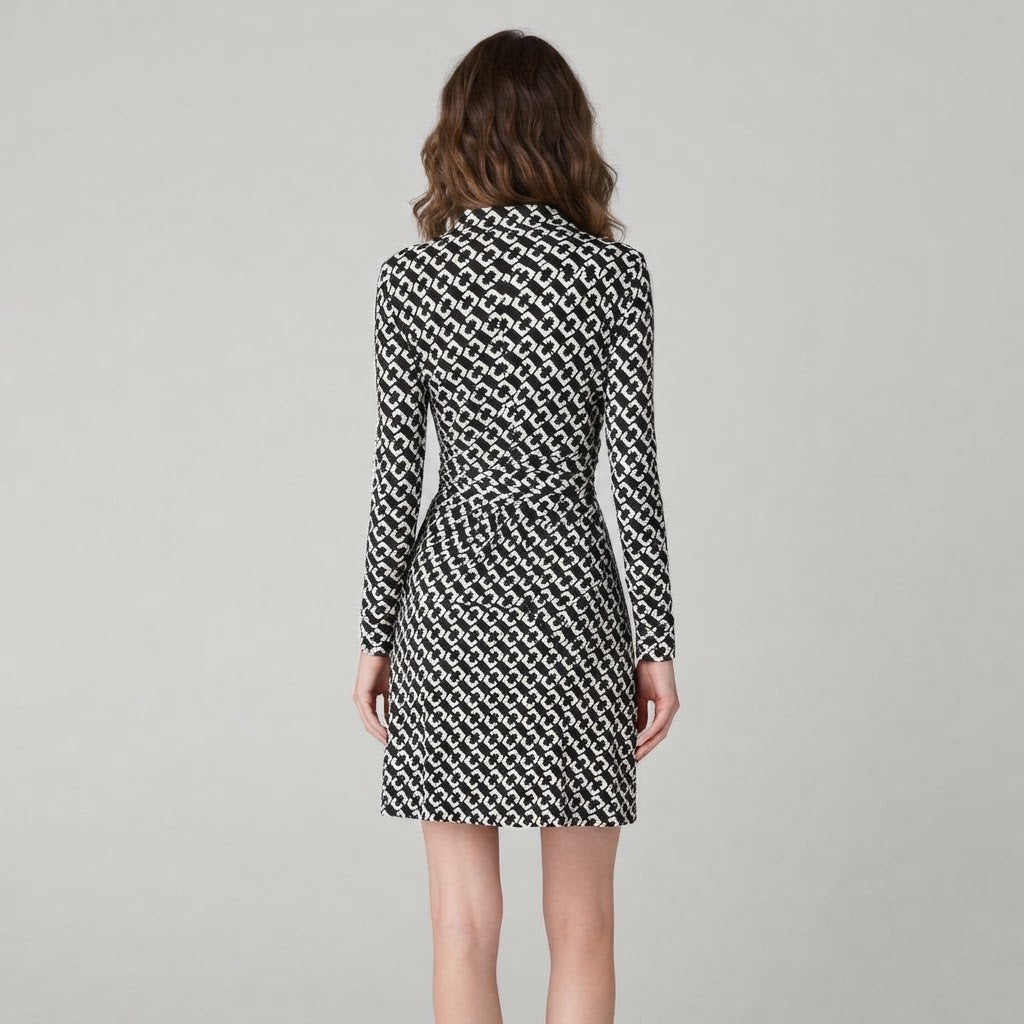 Women's Shirt Dress – Geometric Print Wrap Waist Three-Quarter Sleeve