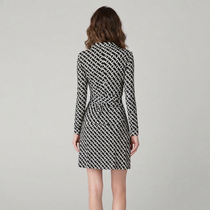 Women's Shirt Dress – Geometric Print Wrap Waist Three-Quarter Sleeve