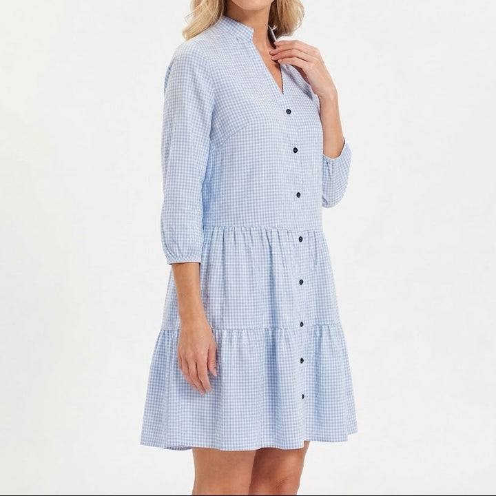 Women's Gingham Shirt Dress Button Up Tiered Ruffle Hem Smock Mini