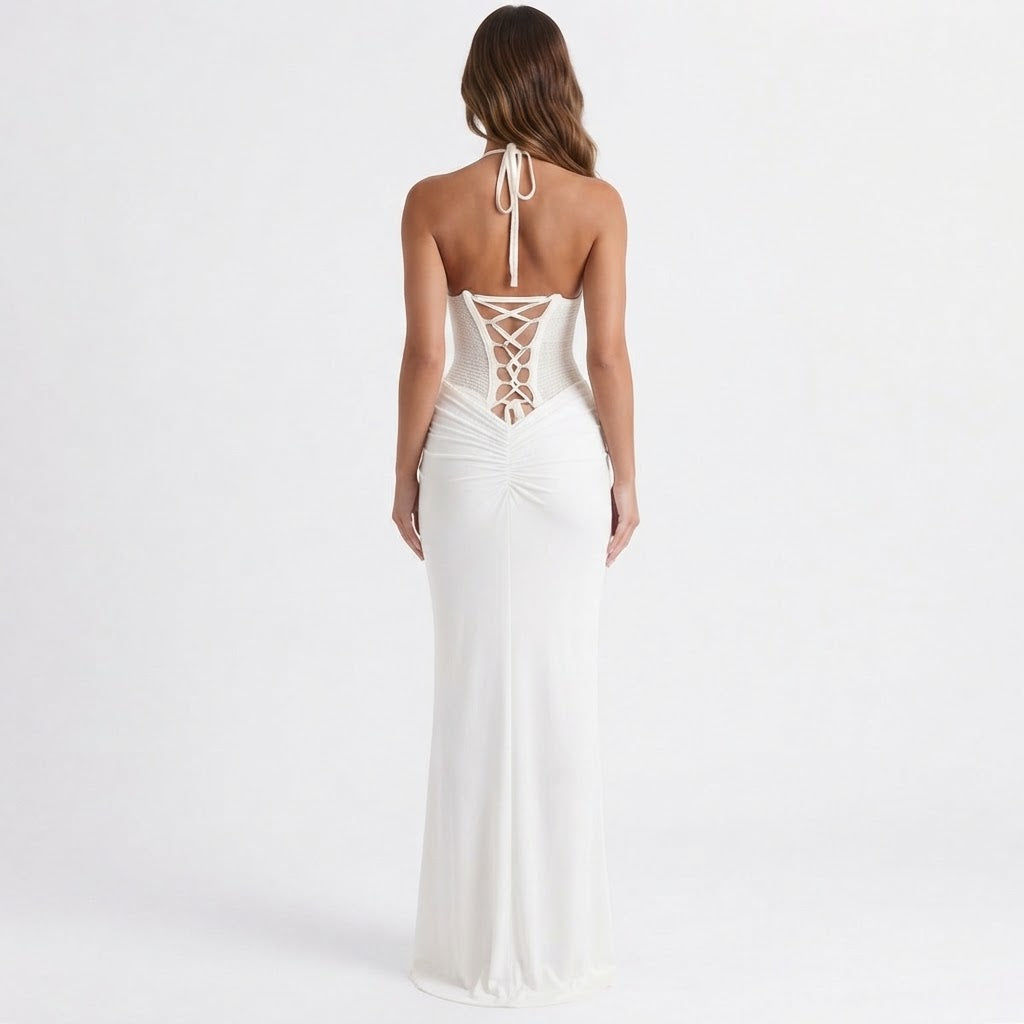Women's Corset Halter Maxi Dress Mesh Boned Bodice Ruched Mermaid