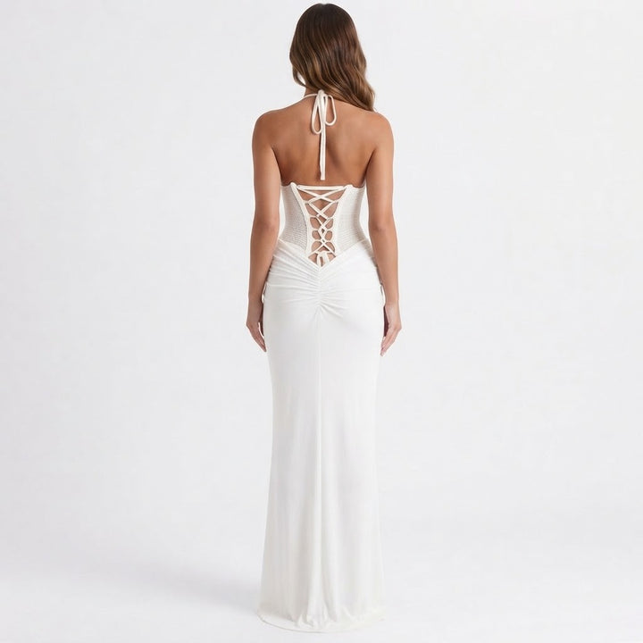Women's Corset Halter Maxi Dress Mesh Boned Bodice Ruched Mermaid