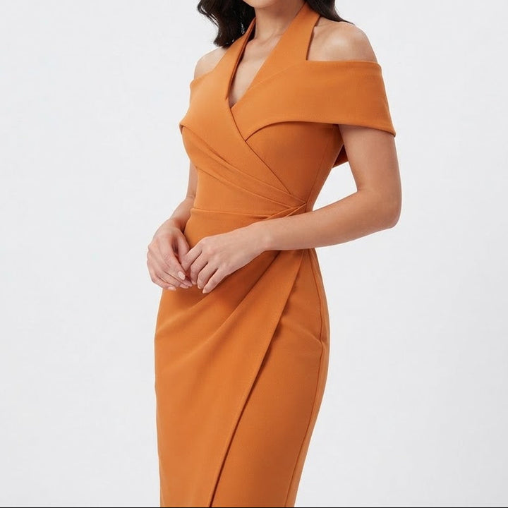 Women's Off Shoulder Wrap Midi Dress Halter Neck Ruched Bodycon