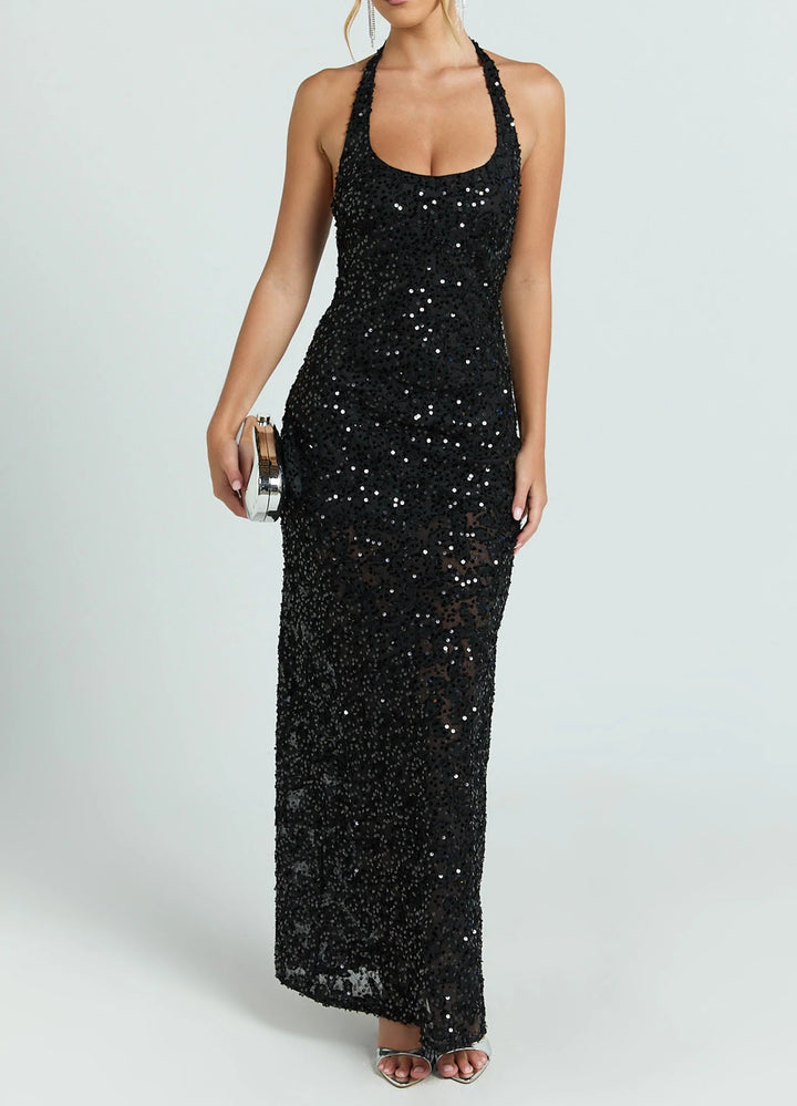 Women's Sequin Floral Lace Maxi Dress Halter Neck Fitted Evening