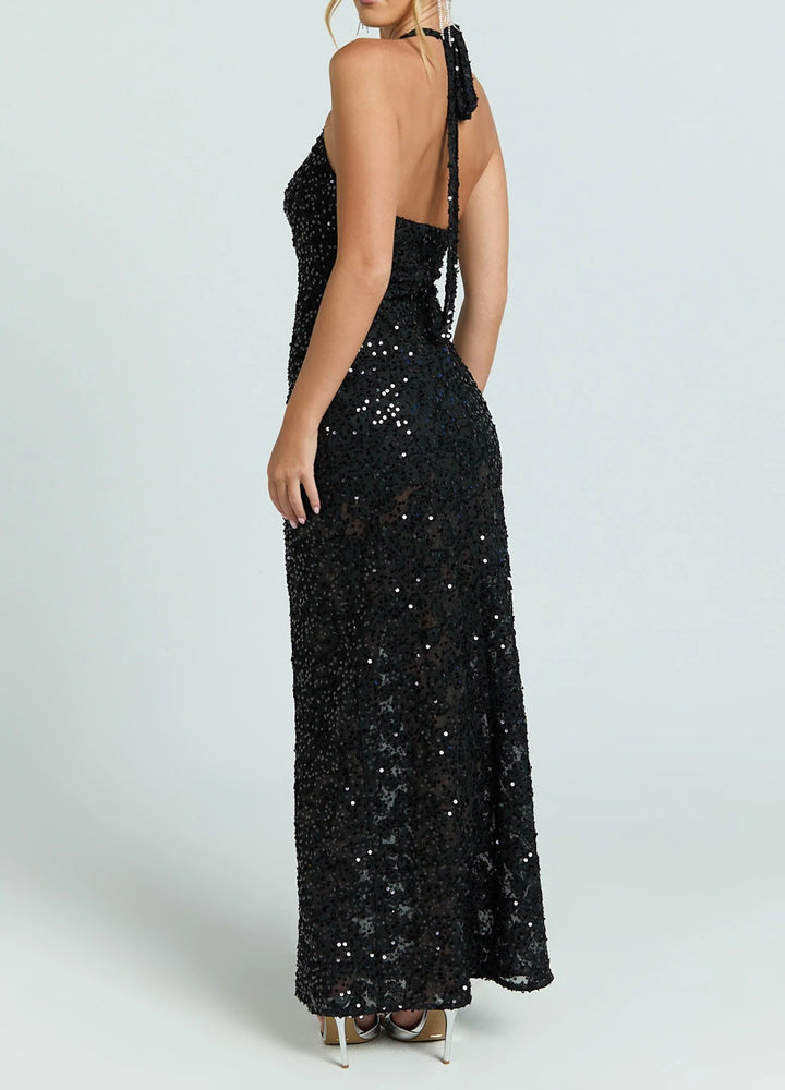 Women's Sequin Floral Lace Maxi Dress Halter Neck Fitted Evening