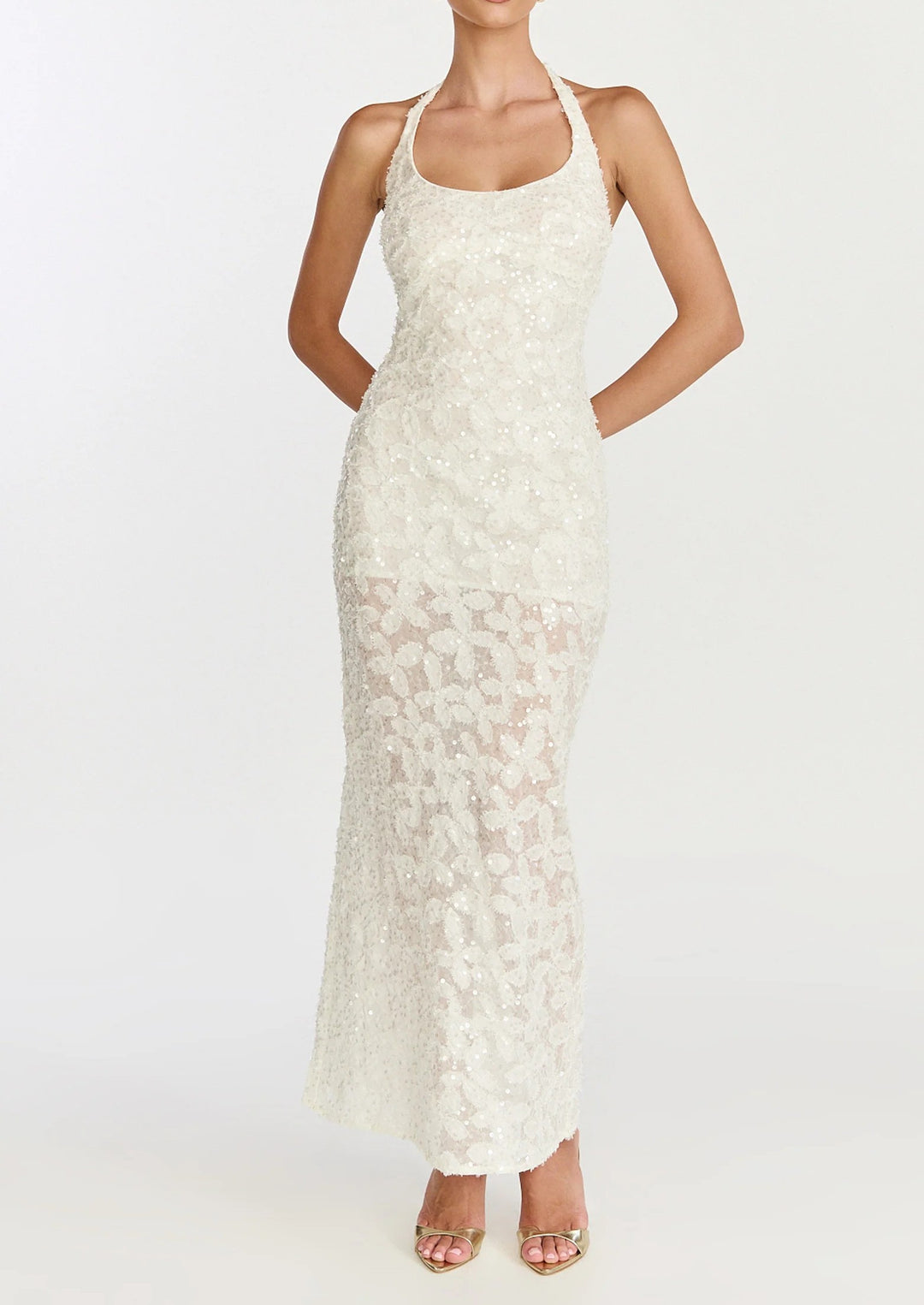 Women's Sequin Floral Lace Maxi Dress Halter Neck Fitted Evening