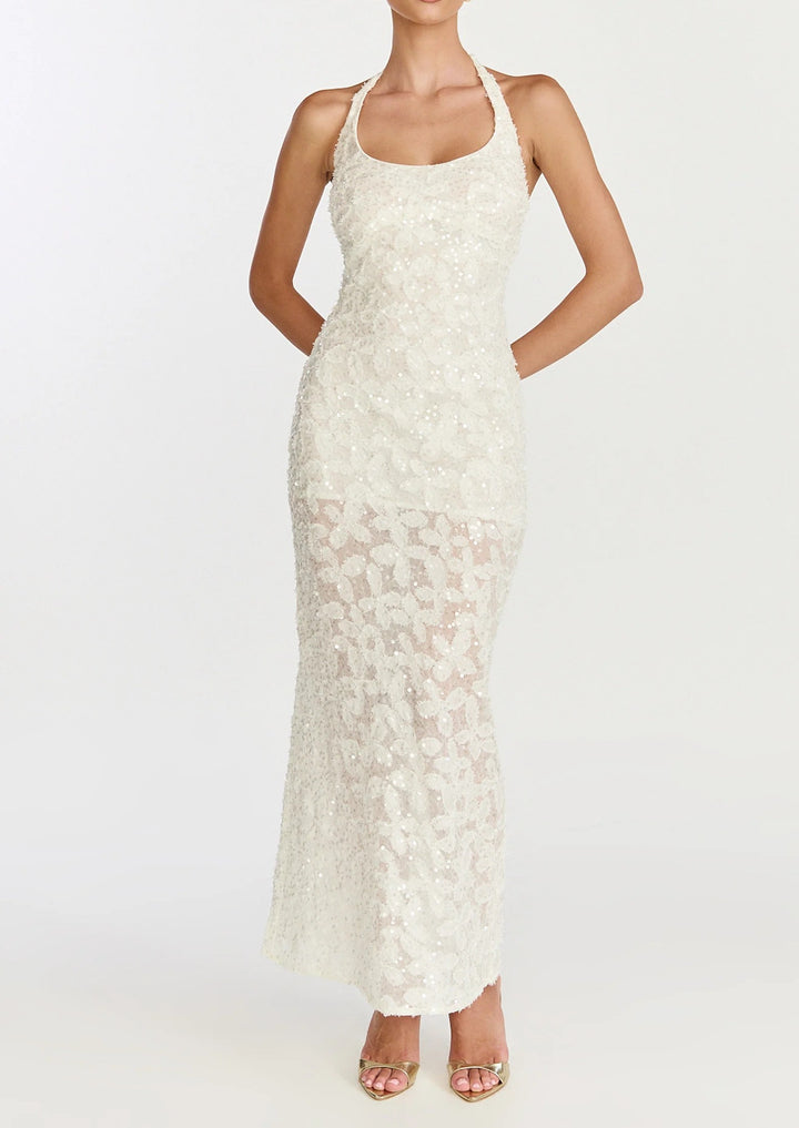 Women's Sequin Floral Lace Maxi Dress Halter Neck Fitted Evening