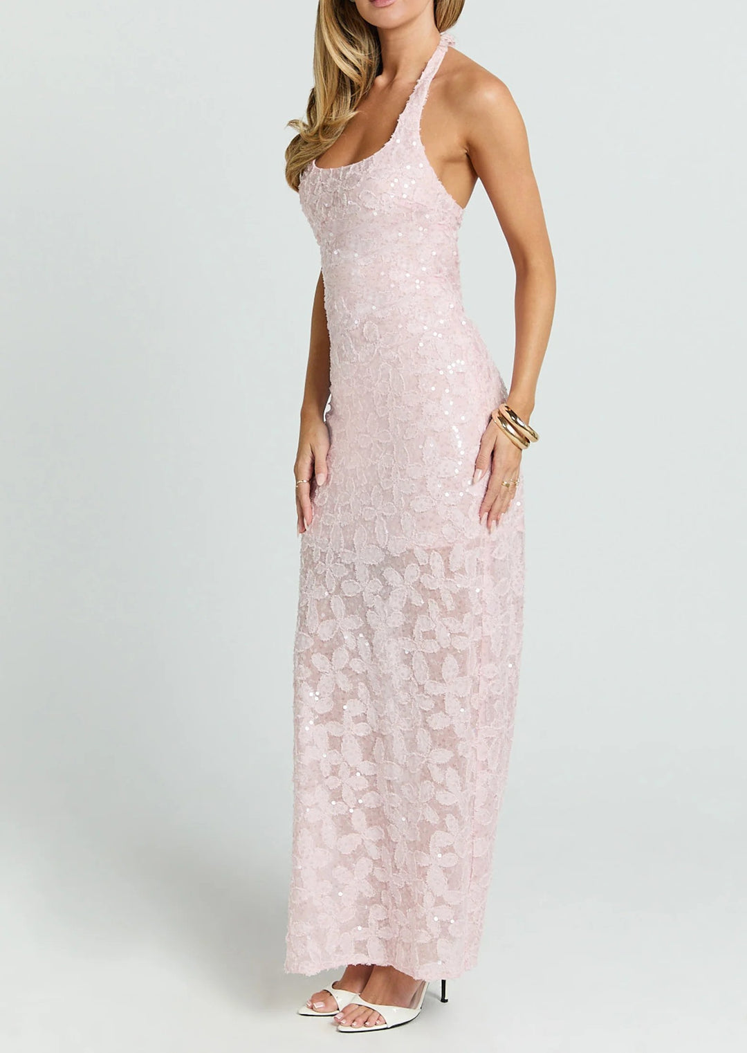 Women's Sequin Floral Lace Maxi Dress Halter Neck Fitted Evening