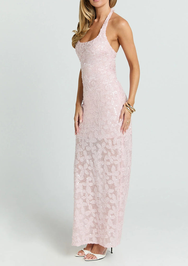 Women's Sequin Floral Lace Maxi Dress Halter Neck Fitted Evening